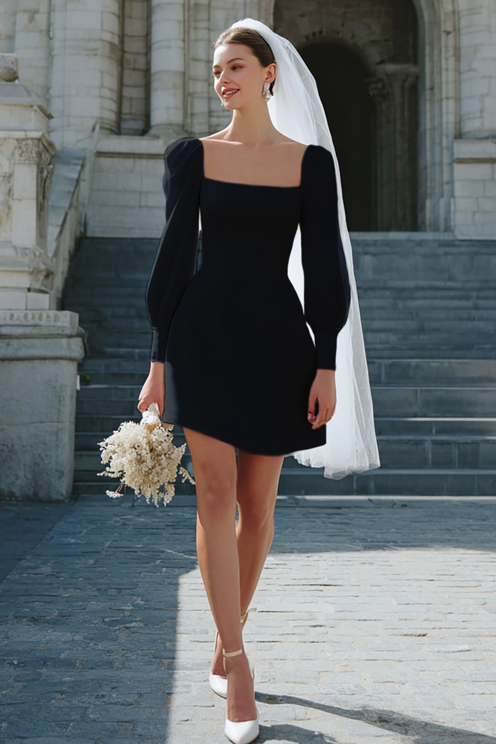 A Line Ivory Satin Short Wedding Dress with Sleeves