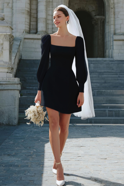 A Line Ivory Satin Short Wedding Dress with Sleeves