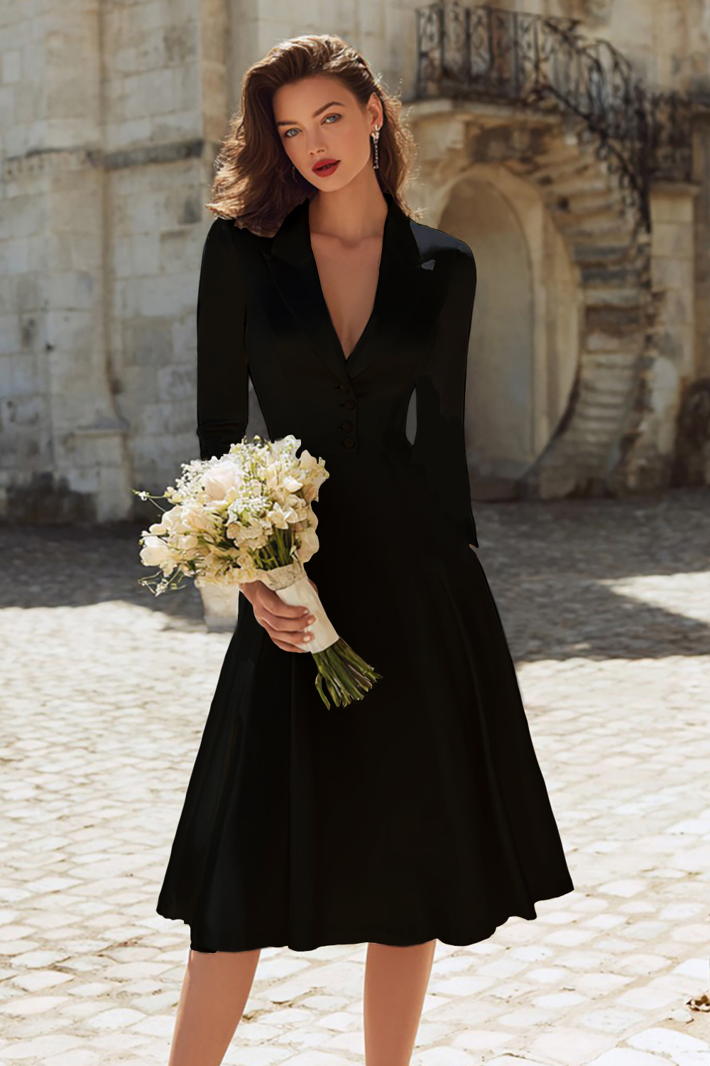 Ivory A Line Peak Lapel Midi Engagement Blazer Dress with Sleeves