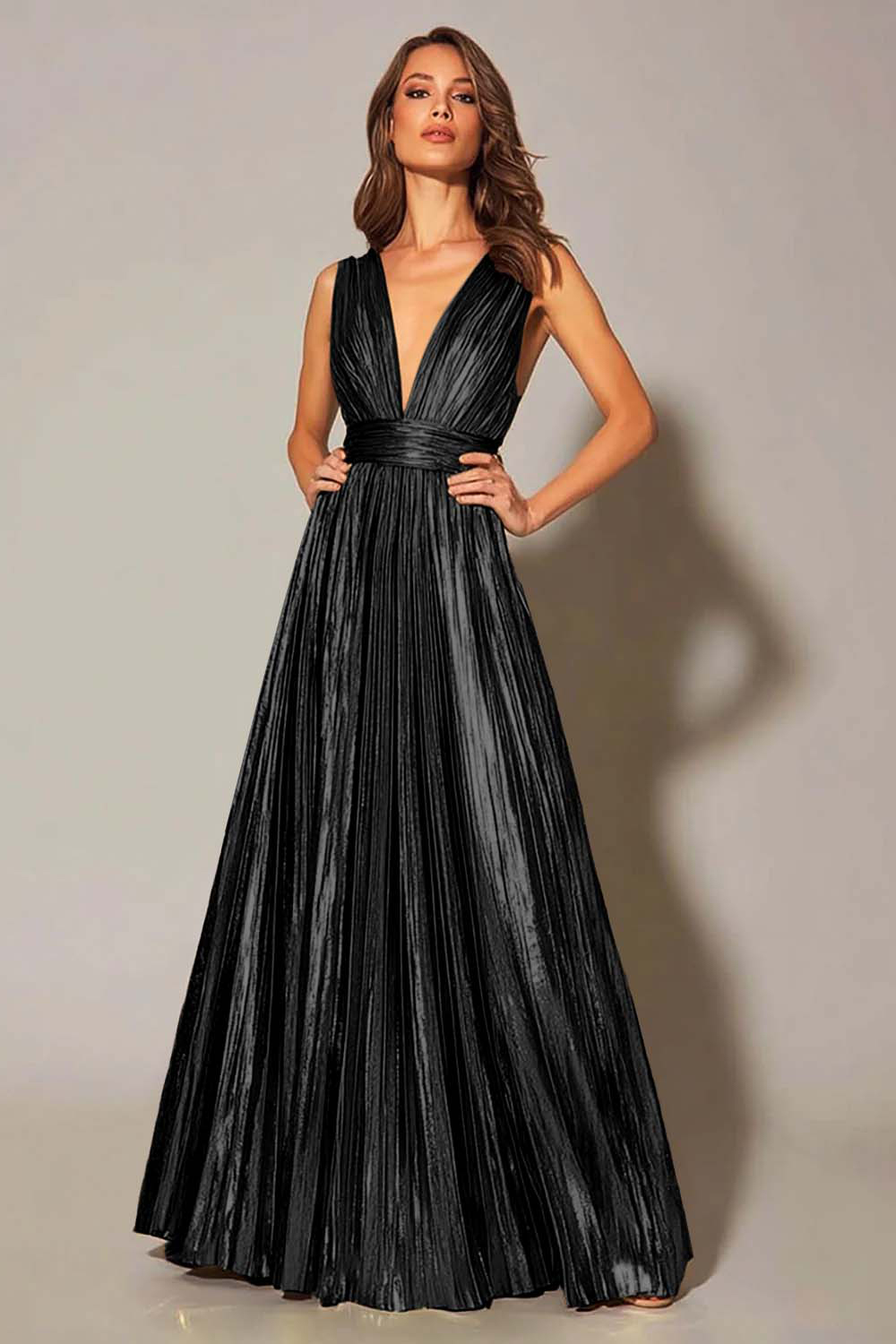 Gold Metallic Pleated V-Neck A-Line Long Formal Dress