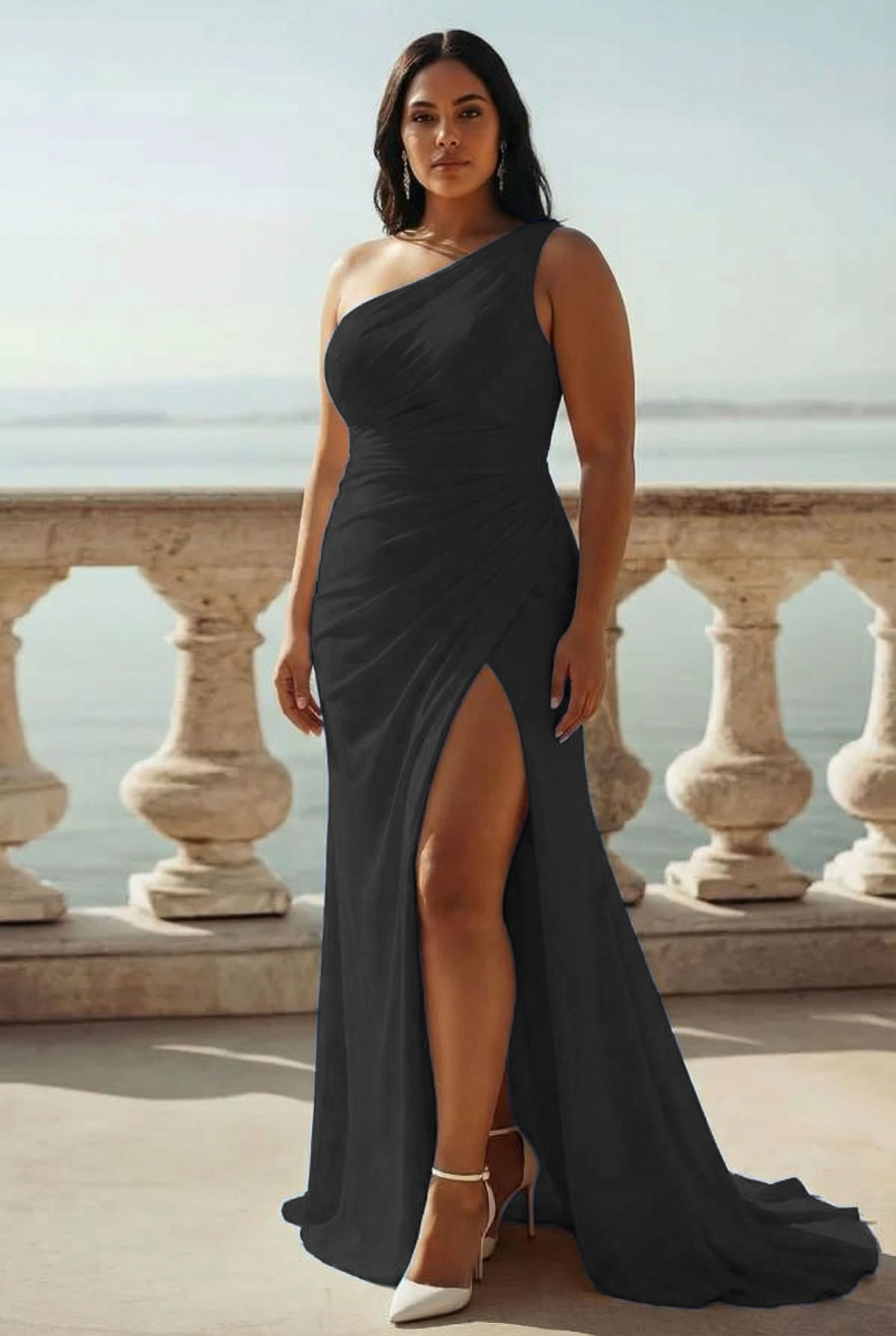 Ivory Chiffon One Shoulder Ruched Beach Maxi Engagement Dress with Slit