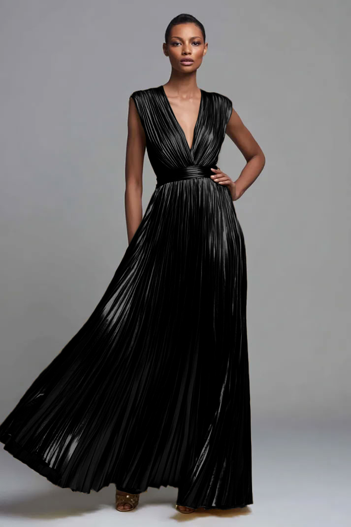 Gold V-Neck A Line Metallic High Waist Pleated Long Formal Dress