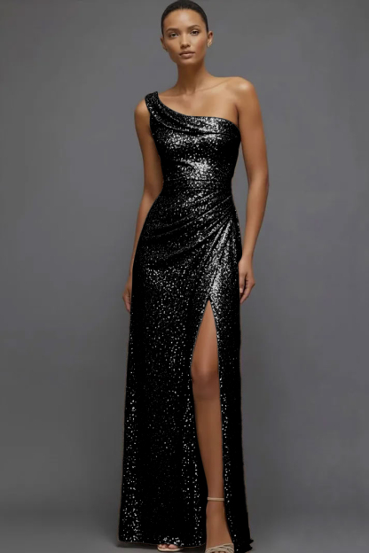 Sparkly Champagne Sequin One Shoulder Ruched Long Prom Dress with Slit