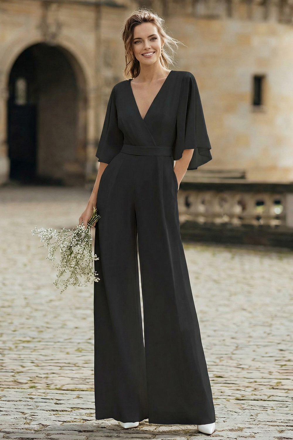 Ivory V-Neck Half Sleeves Wedding Jumpsuits with Pockets