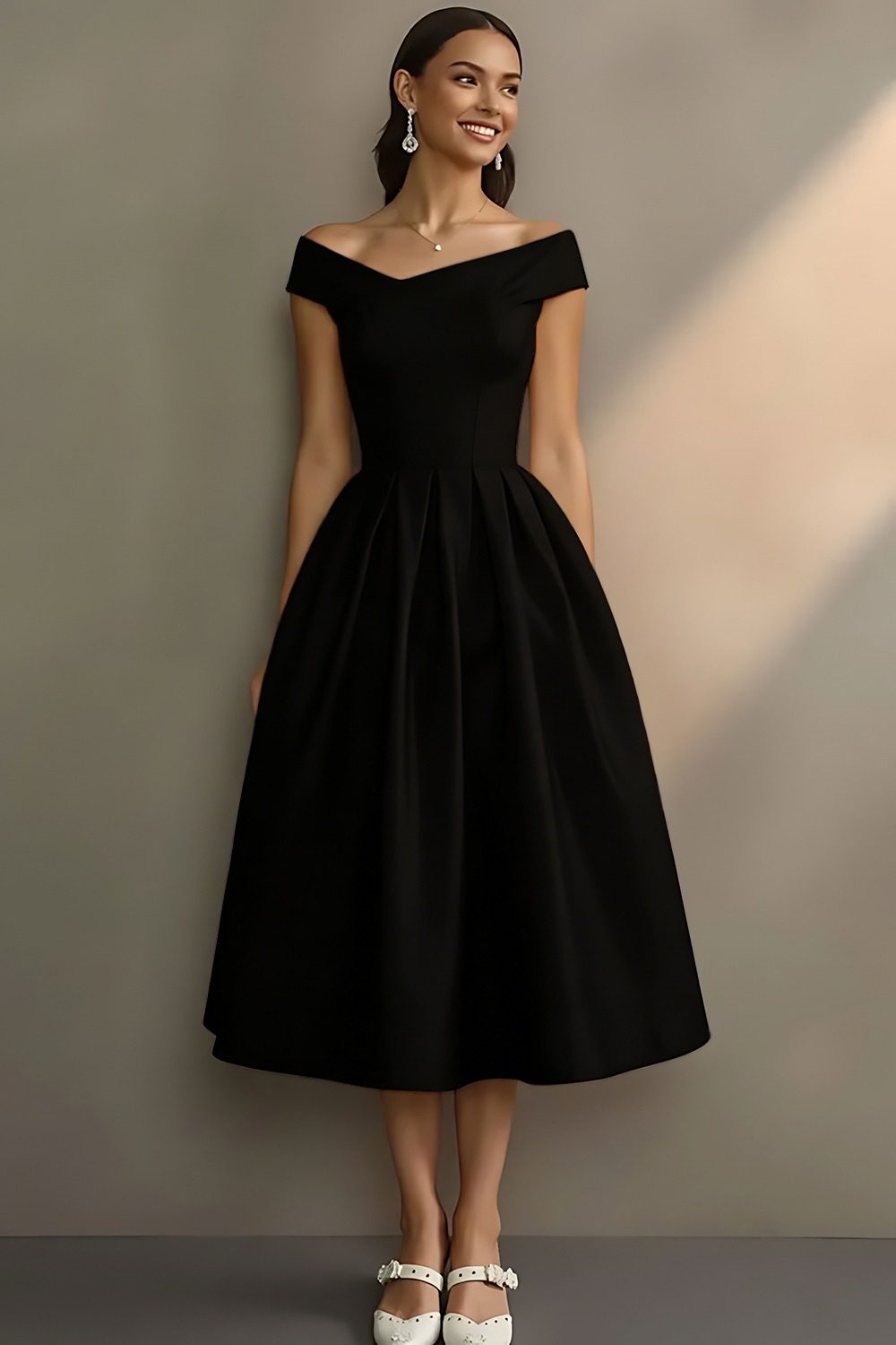 Simple White Off the Shoulder A Line Midi Engagement Dress