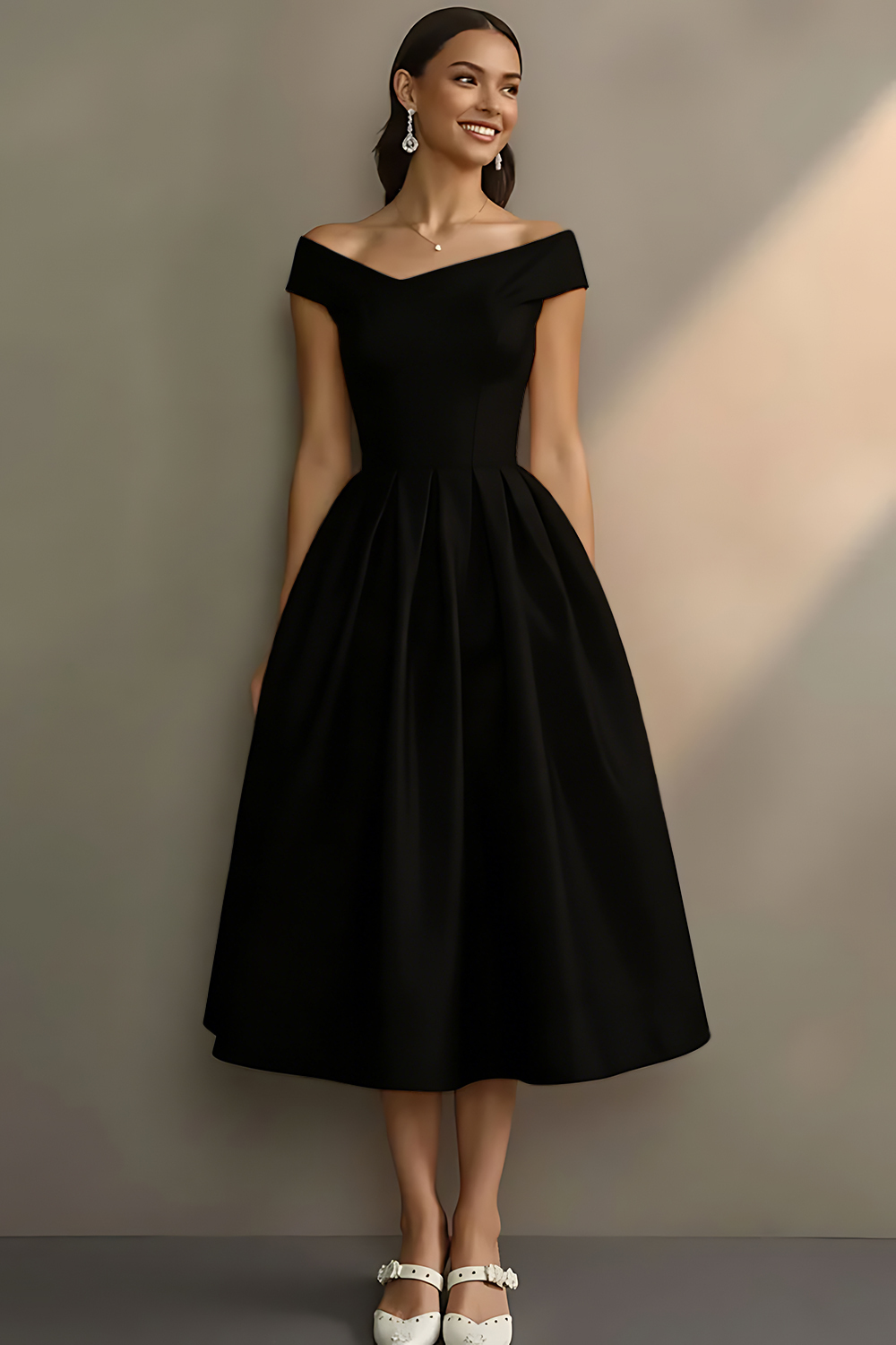 Simple White Off the Shoulder A Line Midi Engagement Dress