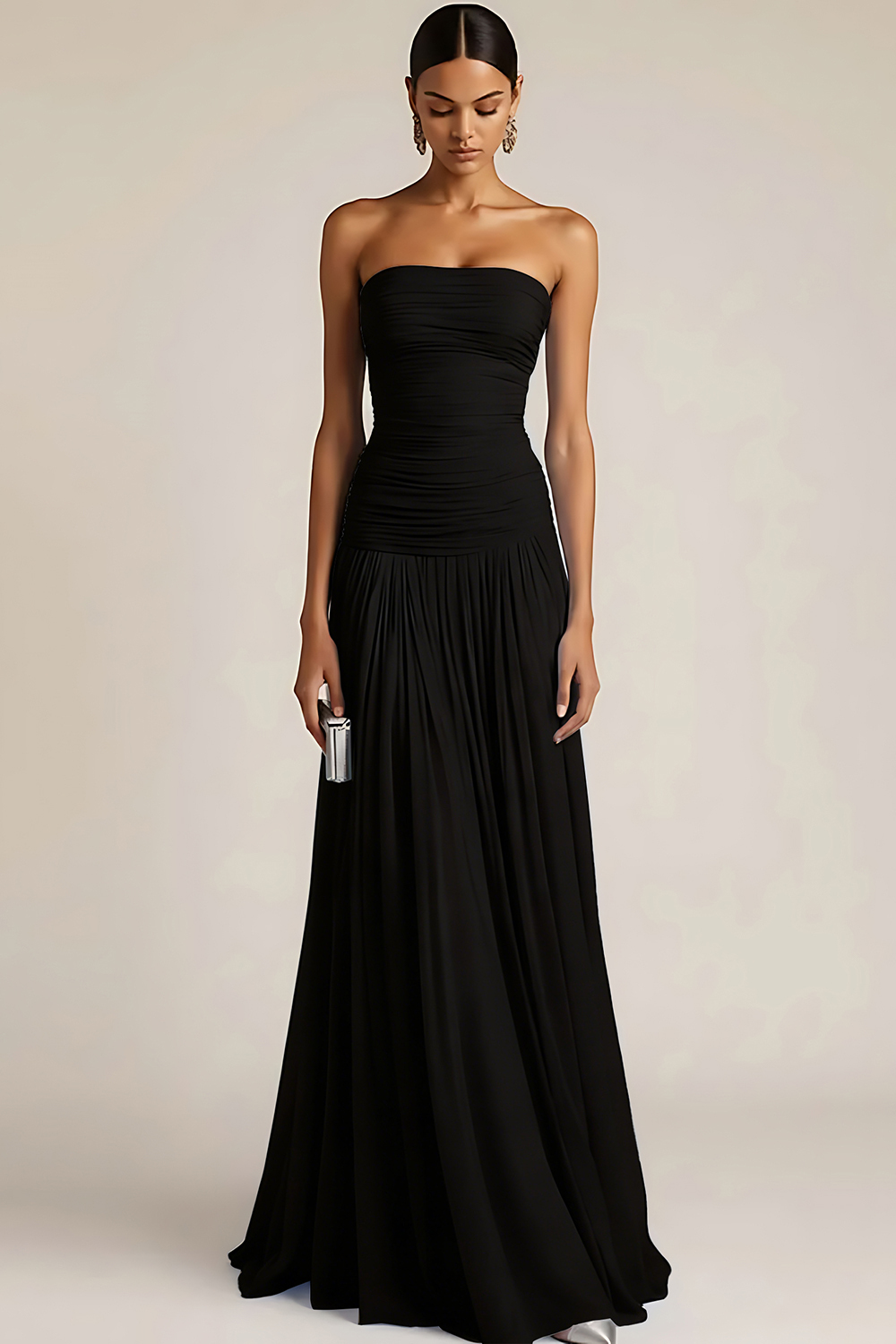 Light Blue Strapless Ruched Maxi Bridesmaid Dress