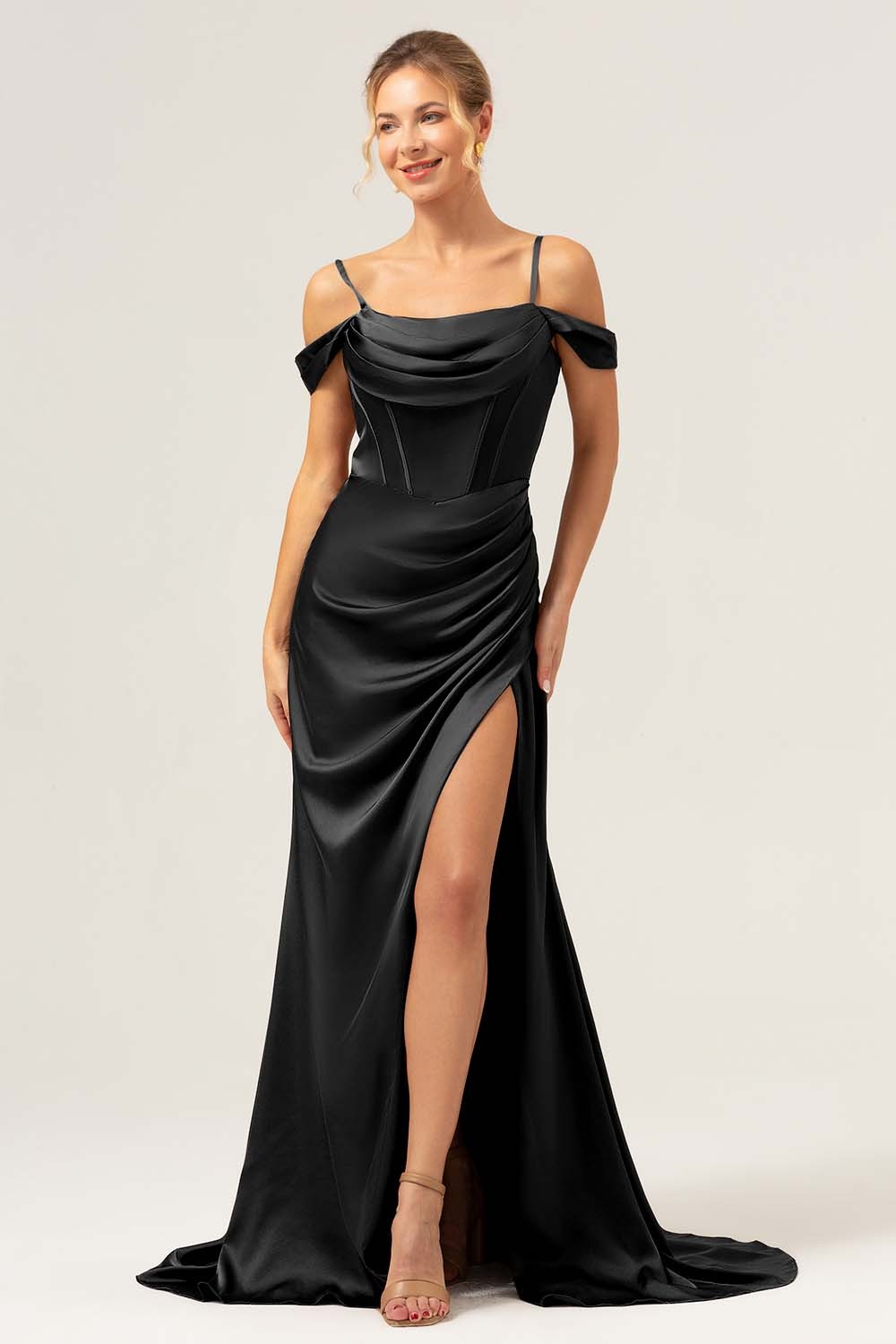 Coffee Cold Shoulder Satin Mermaid Wedding Party Dress with Slit