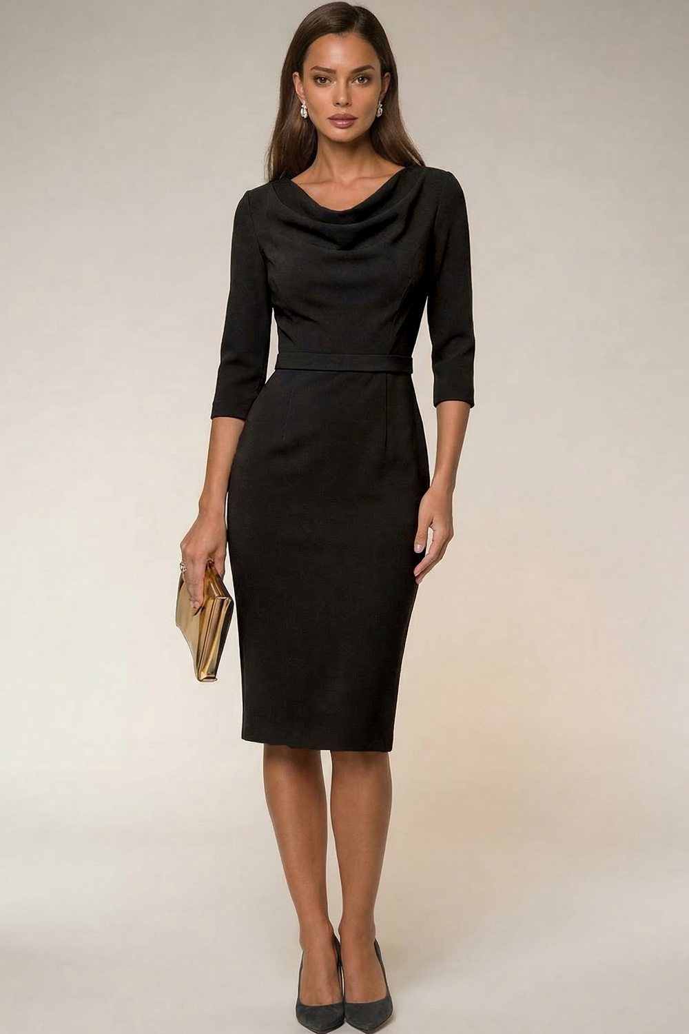 Navy Bodycon Cowl Neck Long Sleeves Midi Work Dress