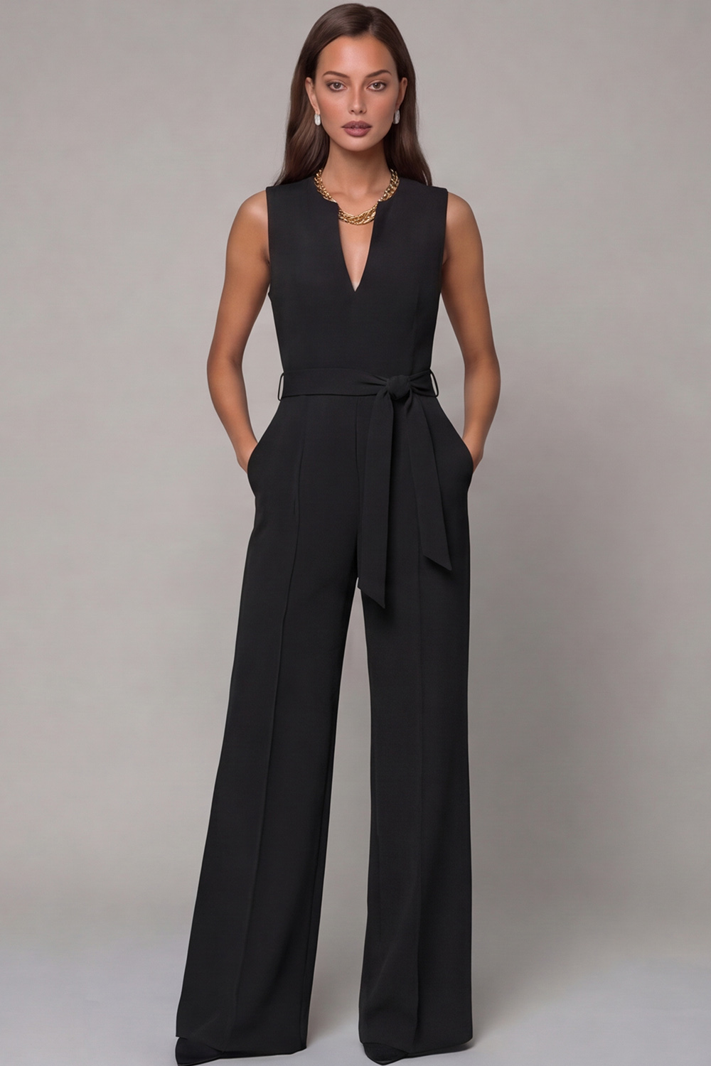 Leely Women Navy V Neck Long Work Jumpsuit with Pockets Sleeveless Formal Jumpsuit