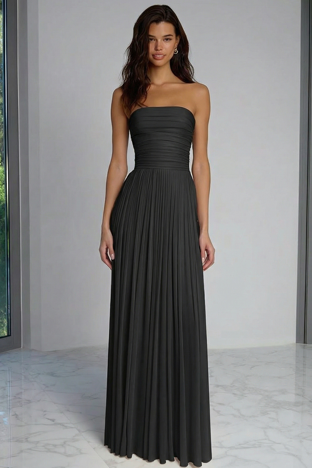 Champagne Pleated Sheath Strapless Long Bridesmaid Dress