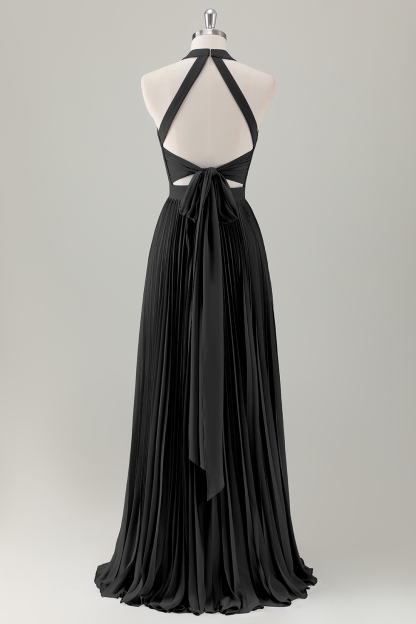 Grey Blue A-Line Halter Long Bridesmaid Dress with Slit