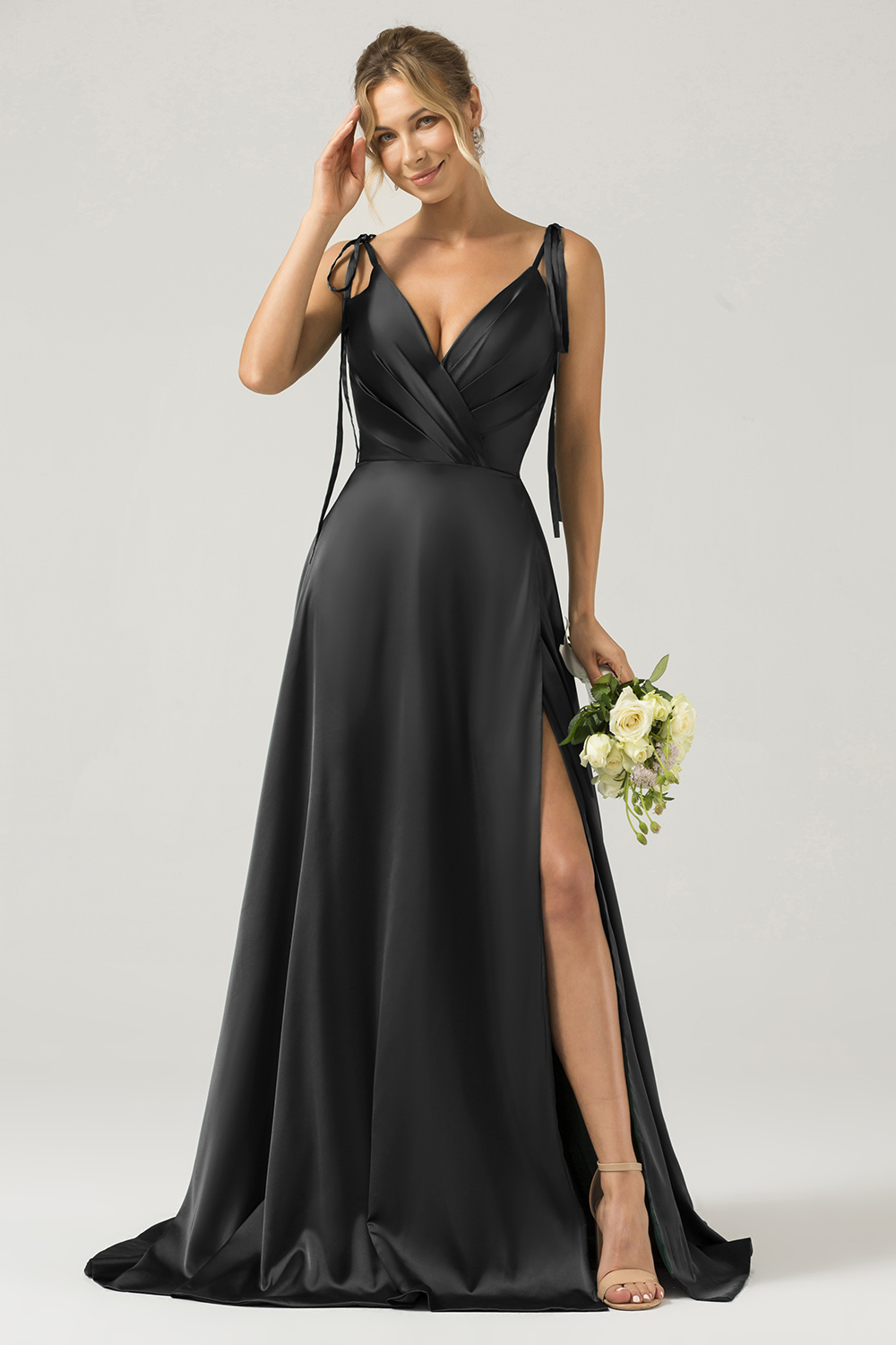 Dark Green A-Line Spaghetti Straps Satin Long Bridesmaid Dress With Slit