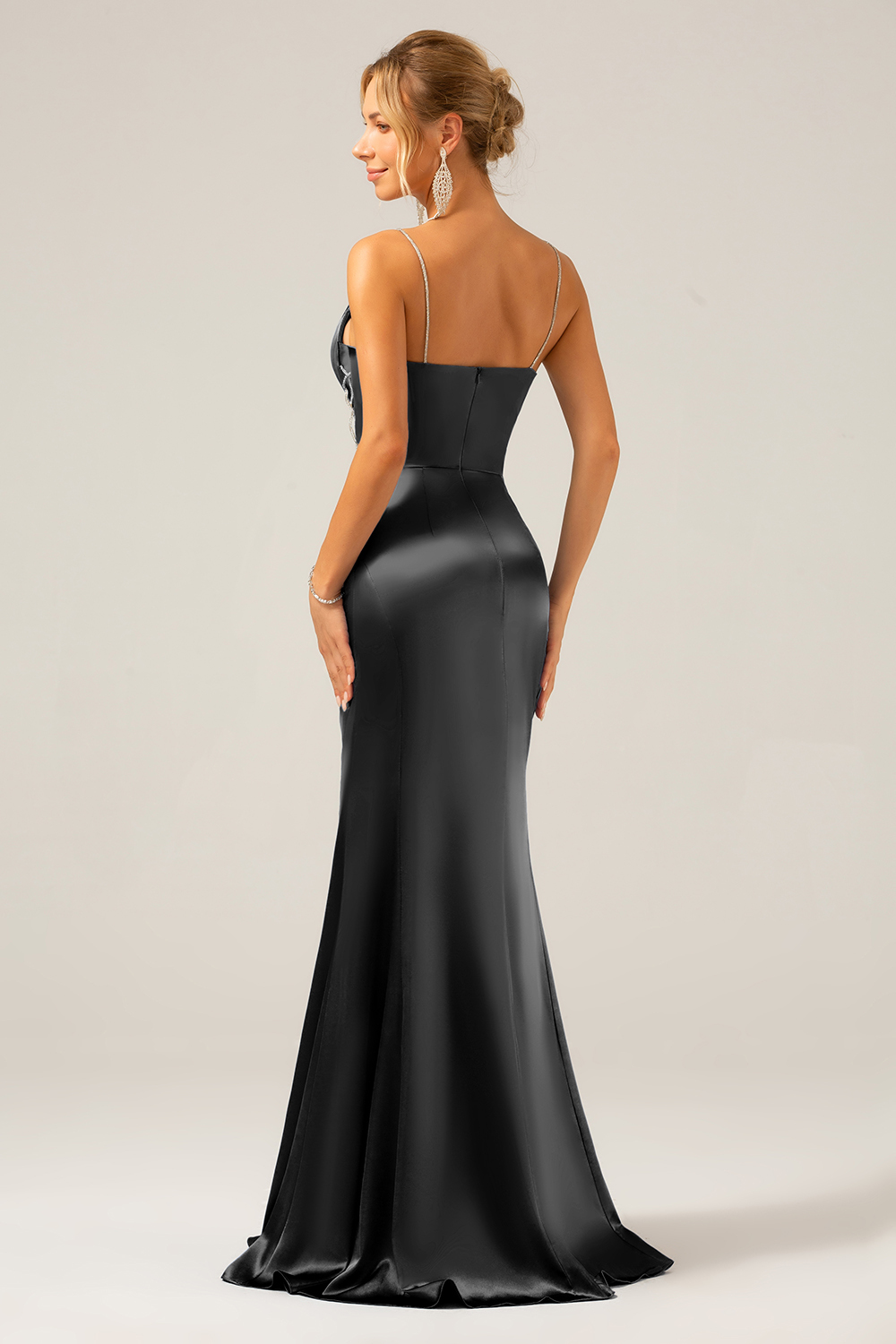 Grey Blue Mermaid Satin Spaghetti Straps Long Bridesmaid Dress