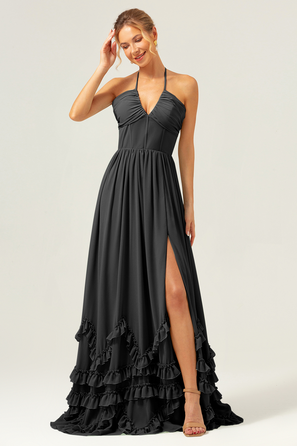 Dusty Sage Halter Corset Ruffled Chiffon Bridesmaid Dress with Slit