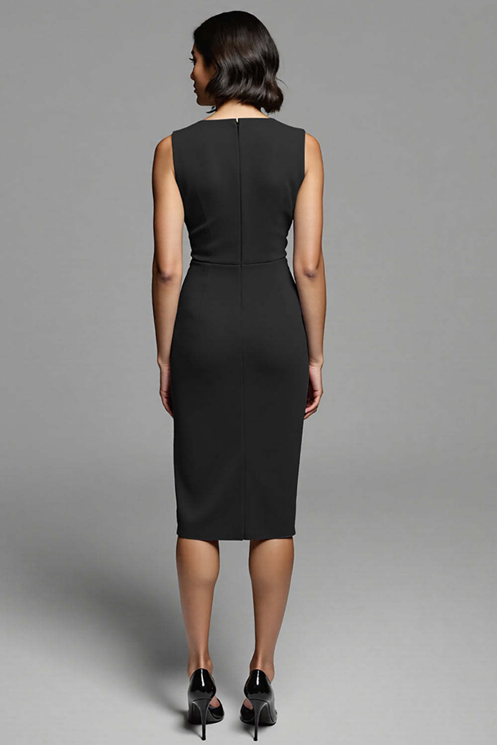 Royal Blue Satin Bodycon Ruched Midi Work Dress with Slit