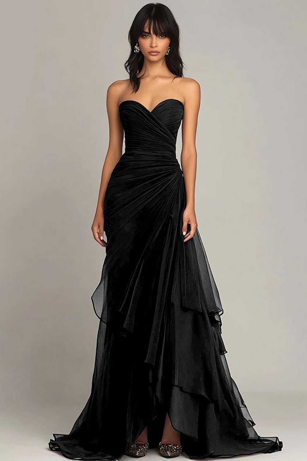 Leely Women Dark Brown Sweetheart Ruffled Formal Dress Ruched Strapless Mermaid Ball Gown Evening Dress
