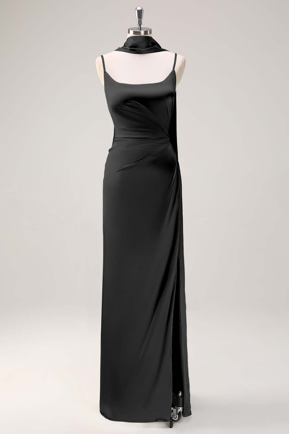 Sage Scoop Neck Sheath Satin Bridesmaid Dress with Ribbon