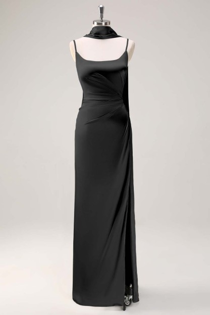 Sage Scoop Neck Sheath Satin Bridesmaid Dress with Ribbon