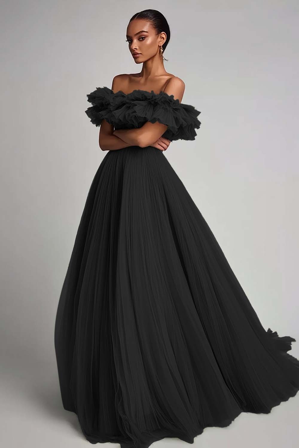 Dusty Sage Pleated Tulle A Line Long Formal Dress with Ruffles