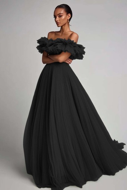 Dusty Sage Pleated Tulle A Line Long Formal Dress with Ruffles