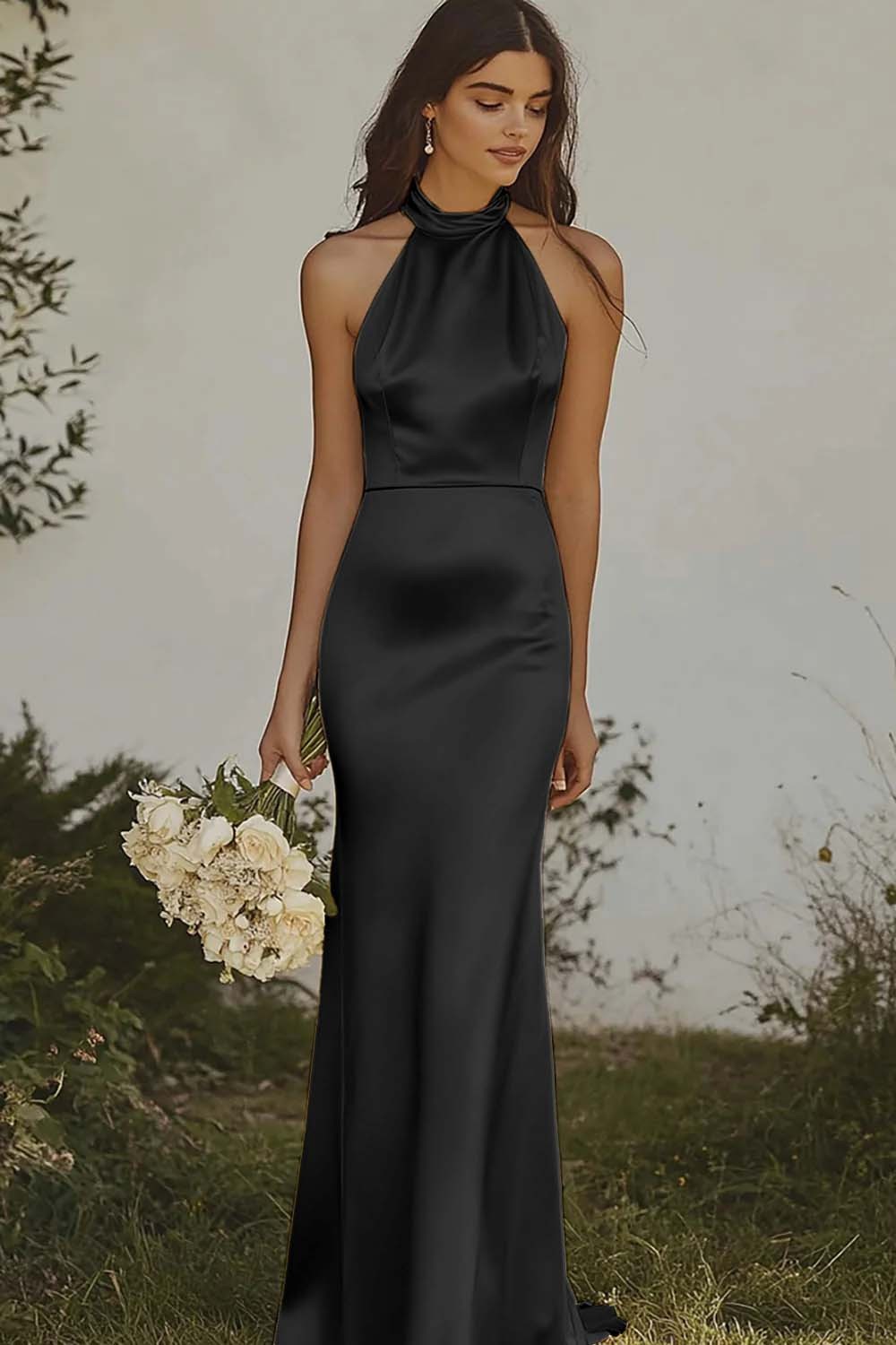 Elegant Light Yellow Sheath Halter Long Satin Bridesmaid Dress