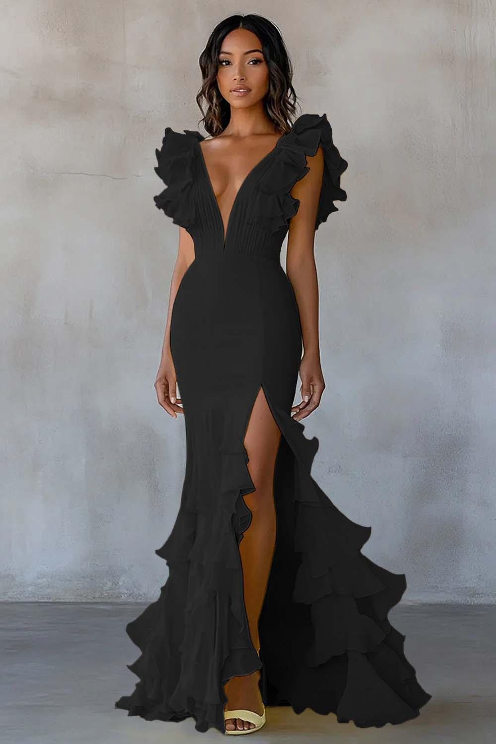 Yellow Chiffon V Neck Mermaid Ruffled Maxi Formal Dress with Slit