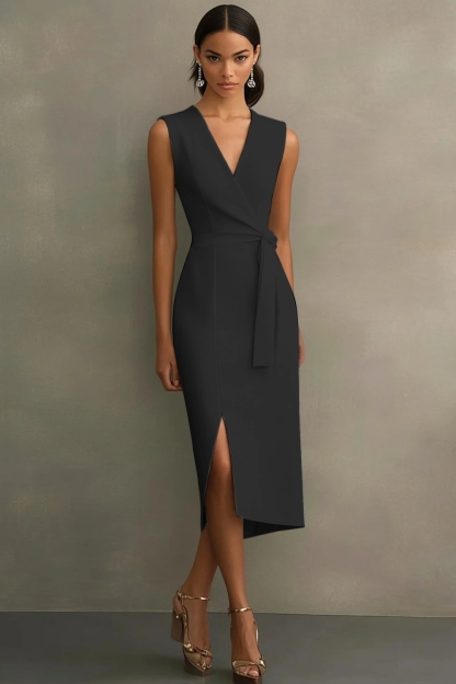 White Sheath V-Neck Tea Length Semi Formal Dress with Sash