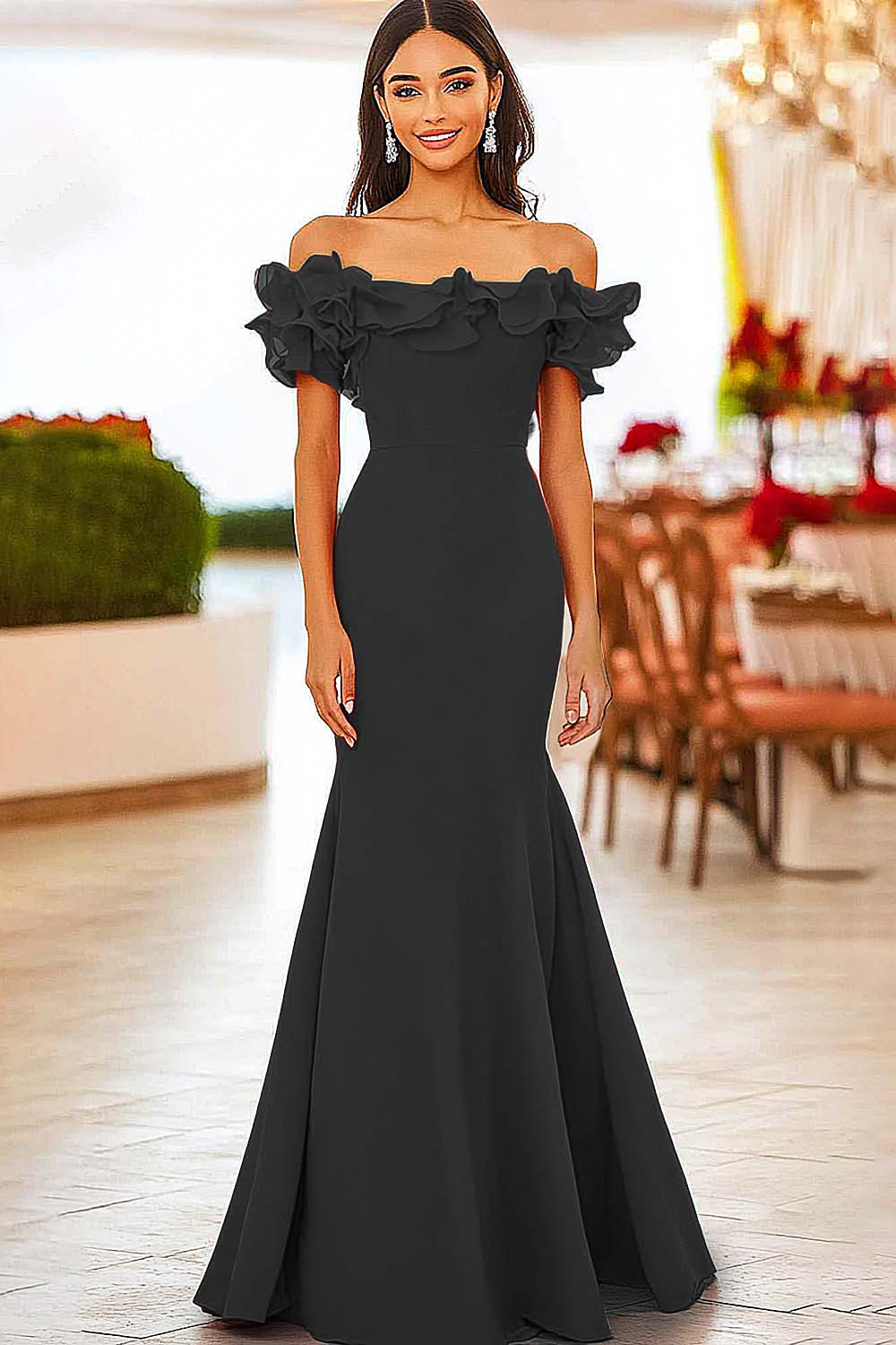 Leely Women Red Off the Shoulder Mermaid Ruffled Formal Dress Maxi Gala Dress