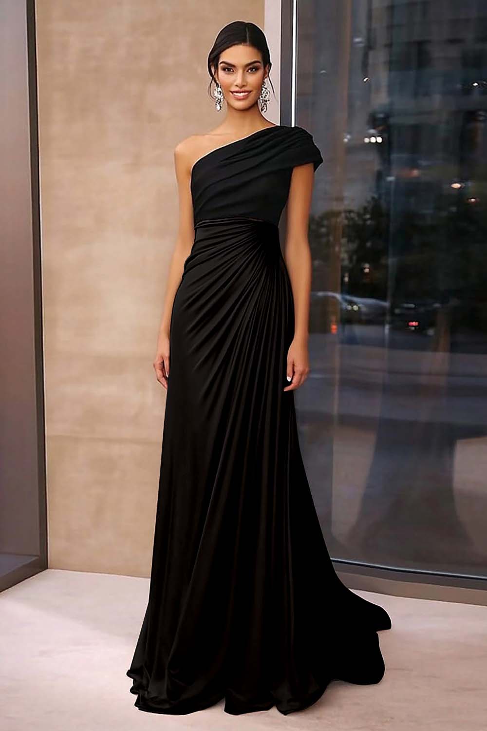 Black Brown Sheath One Shoulder Ruched Gala Dress