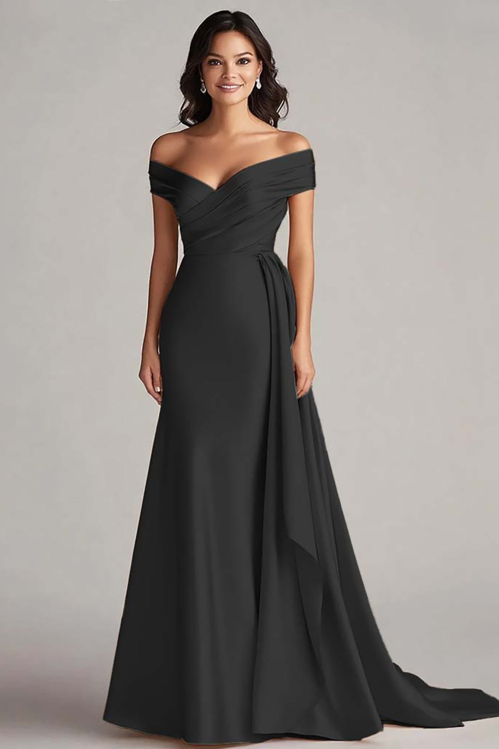 Champagne Off the Shoulder Mermaid Satin Maxi Formal Dress with Drape