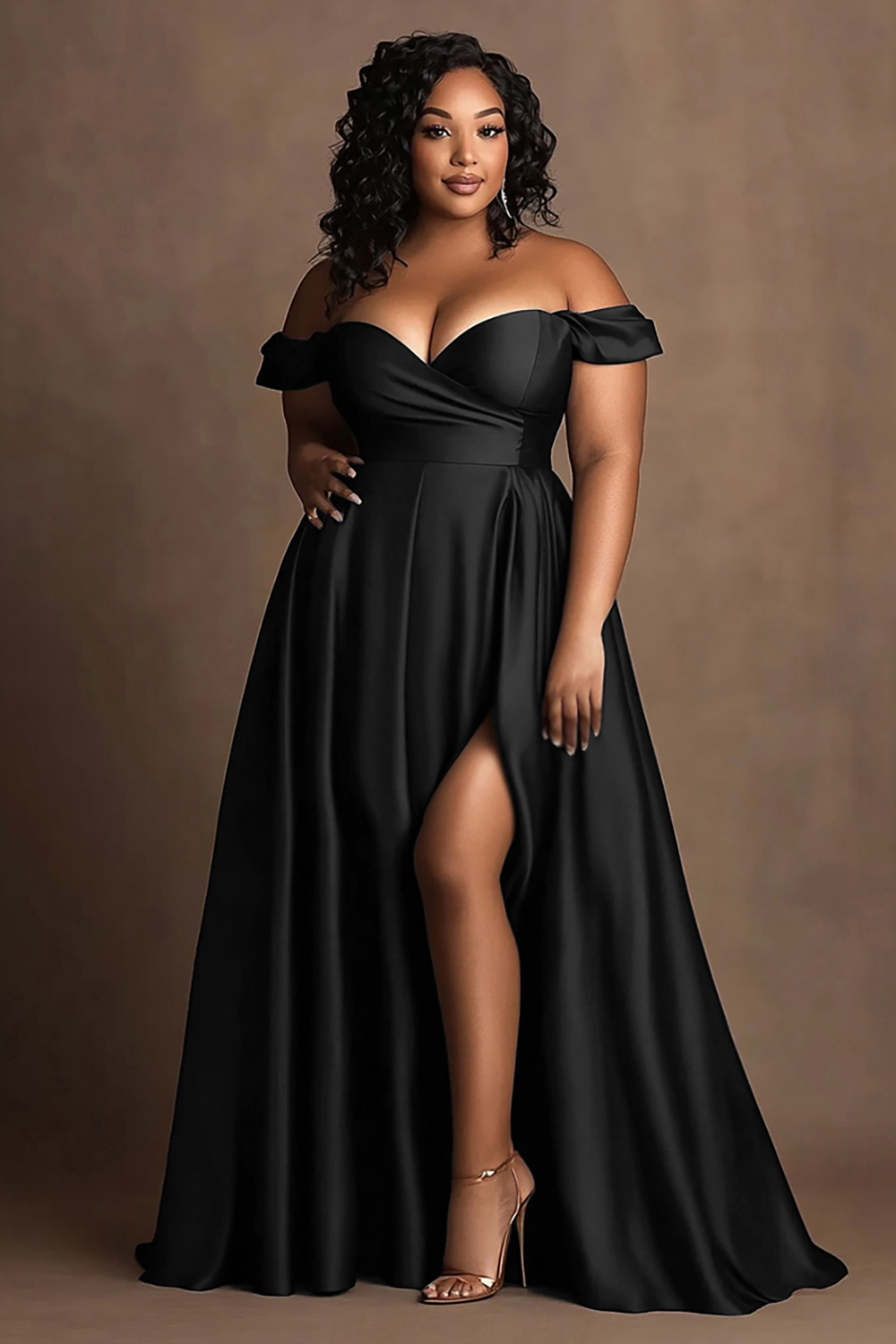 Navy Plus Size Off the Shoulder Long Satin A Line Formal Dress with Slit
