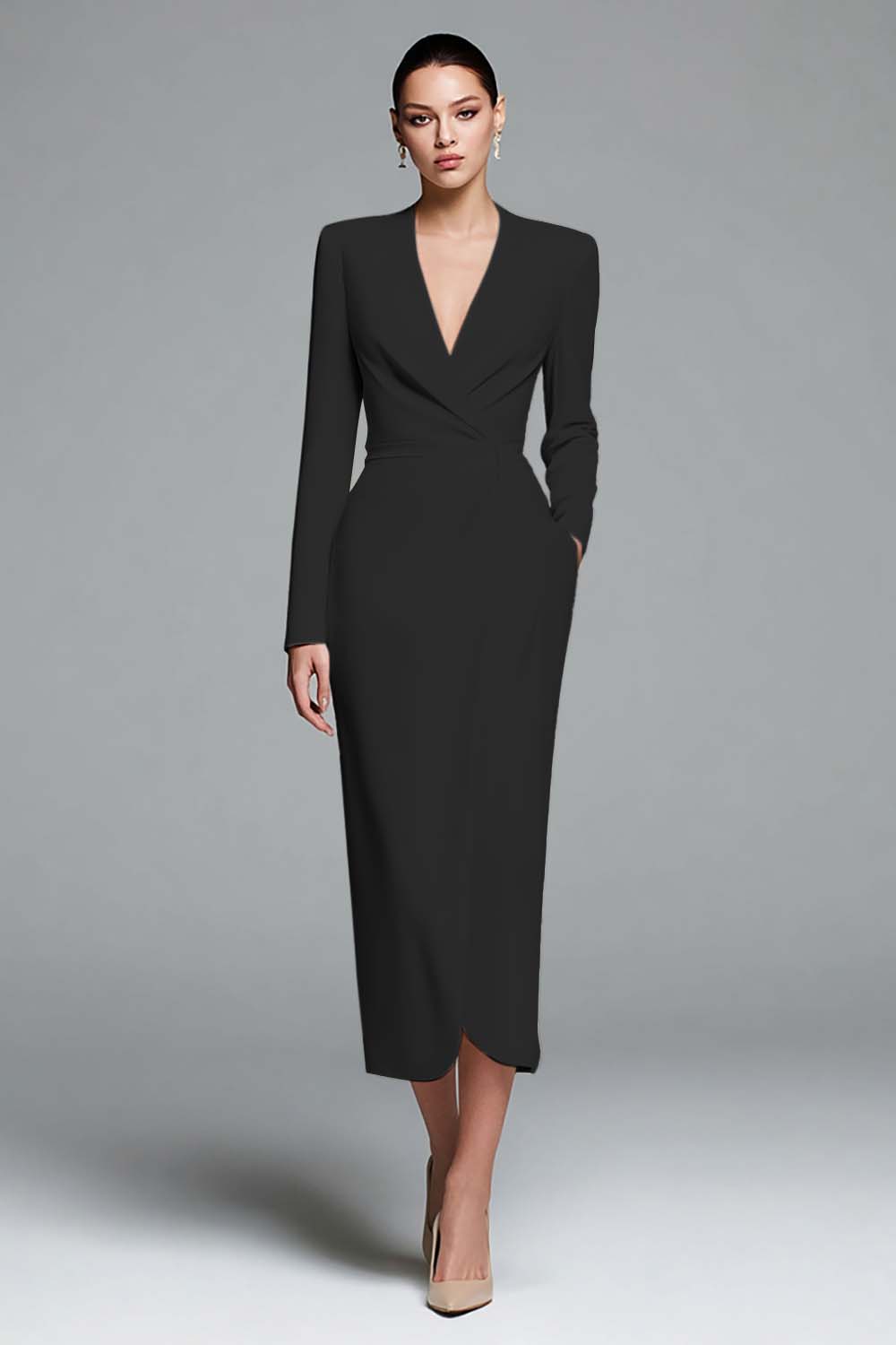 Simple Ivory Satin Sheath V-Neck Long Sleeves Work Dress