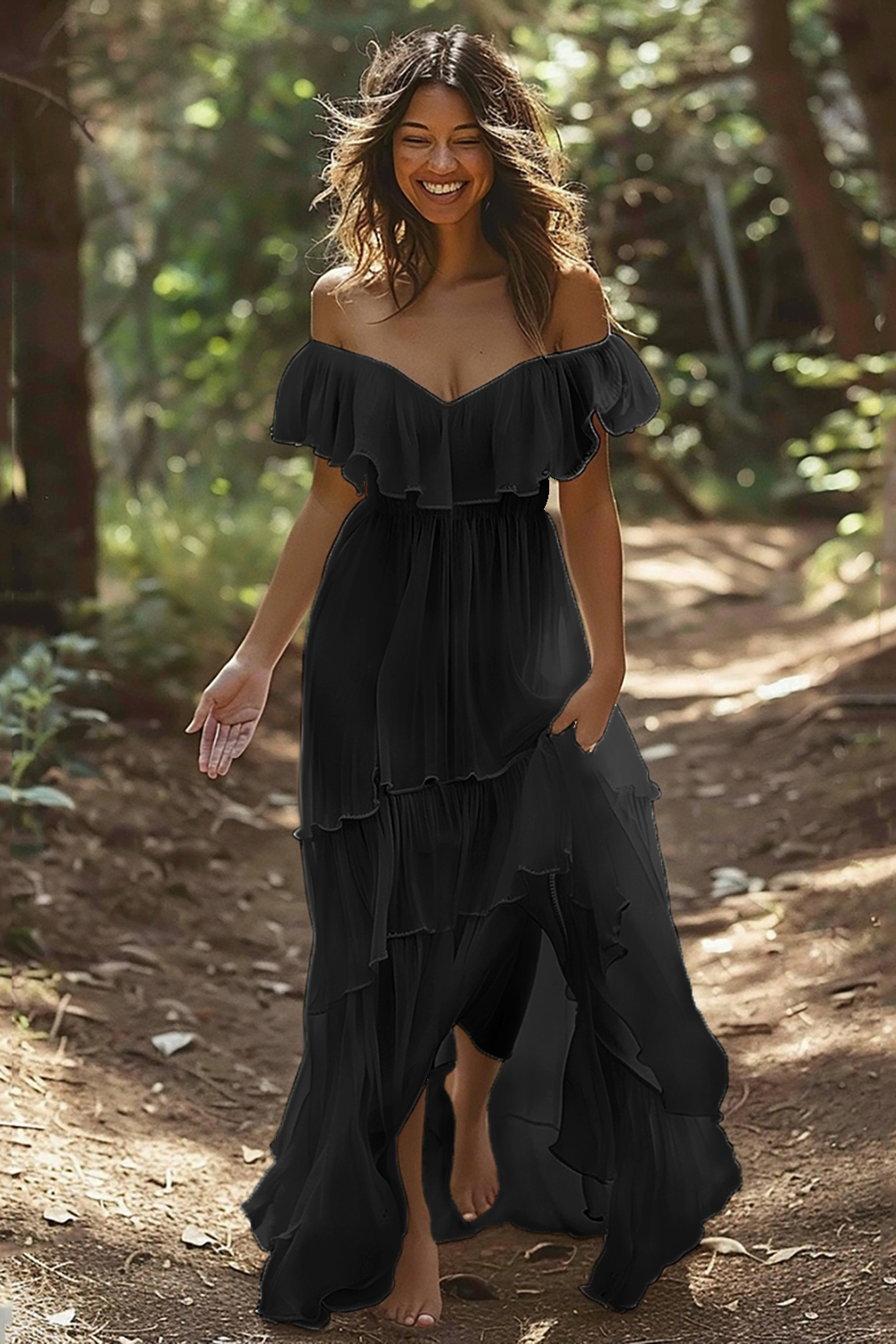 White Chiffon Ruffled Off the Shoulder Boho Maxi Wedding Dress