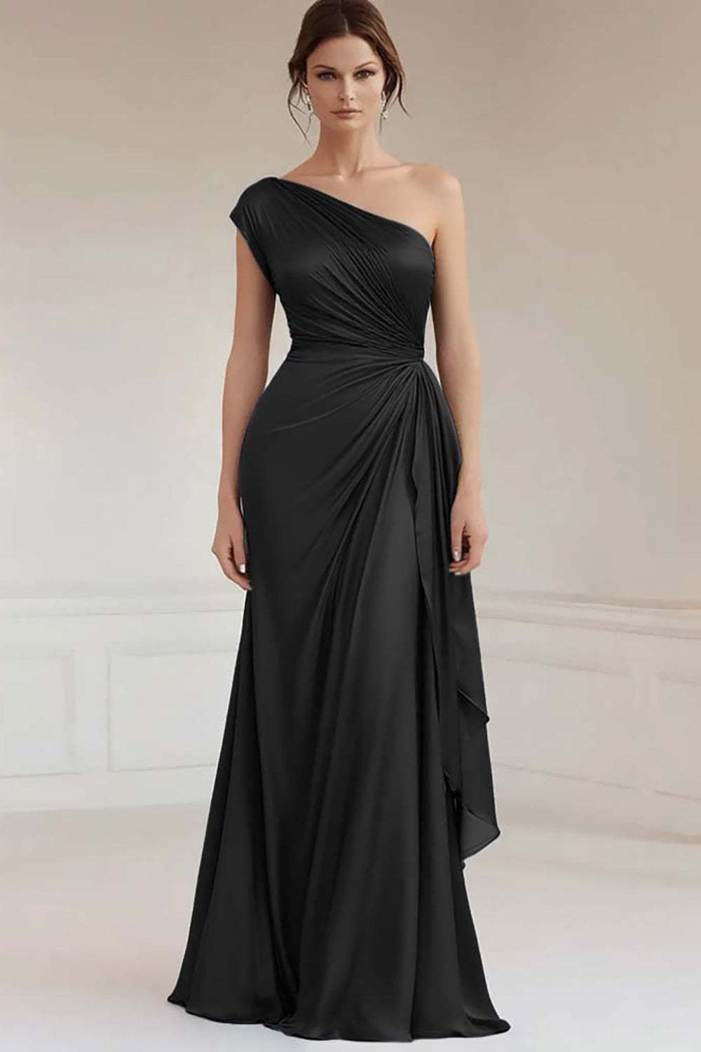 Grey Blue One Shoulder Sheath Maxi Formal Dress with Ruffles