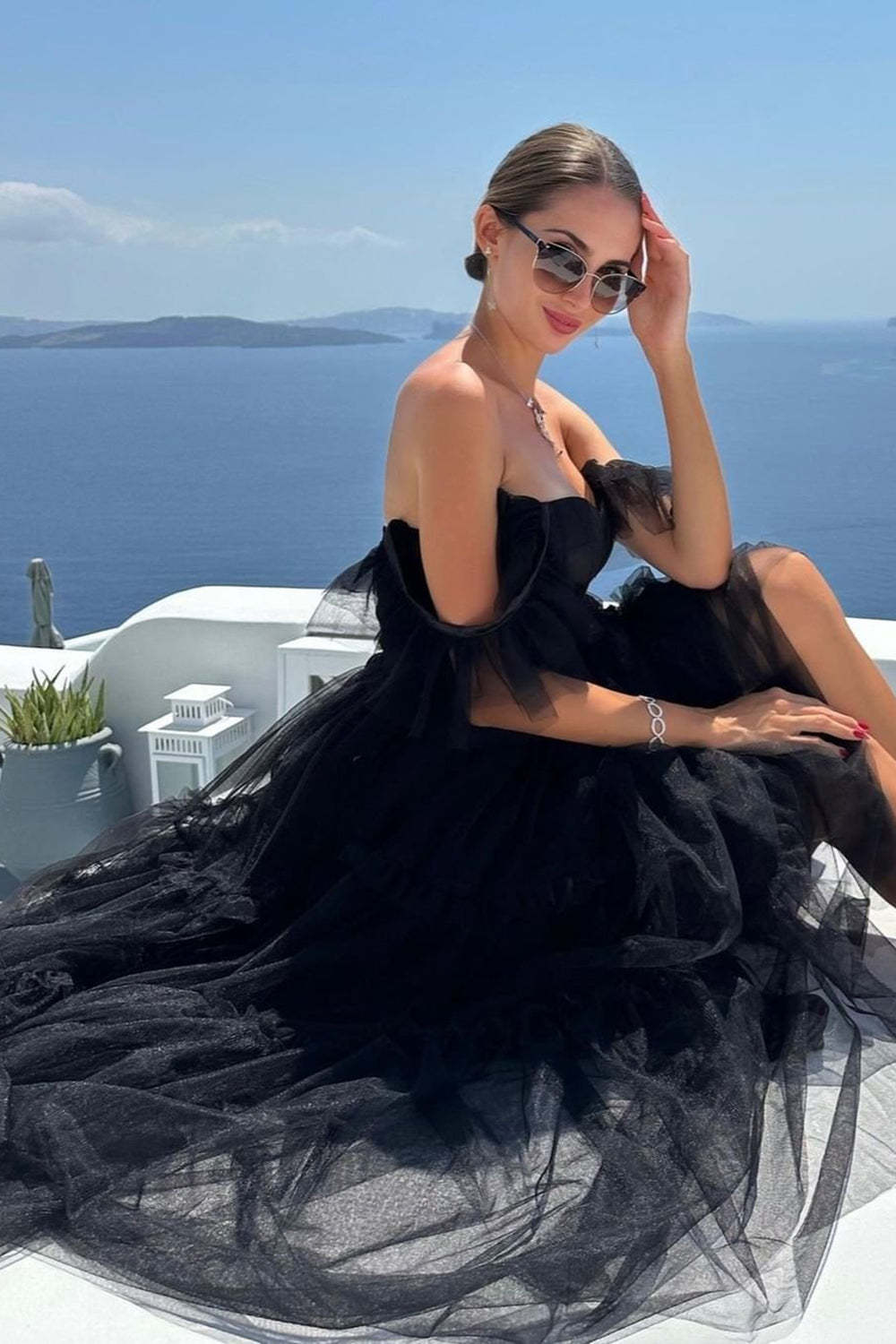A-Line Tulle Sweetheart Black Cocktail Dress