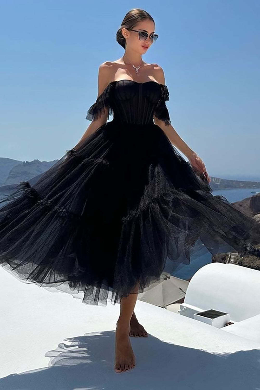 A-Line Tulle Sweetheart Black Cocktail Dress