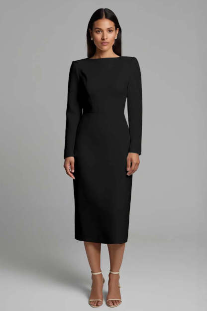 Simple Pencil Ivory Plus Size Bateau Neck Midi Work Dress with Slit