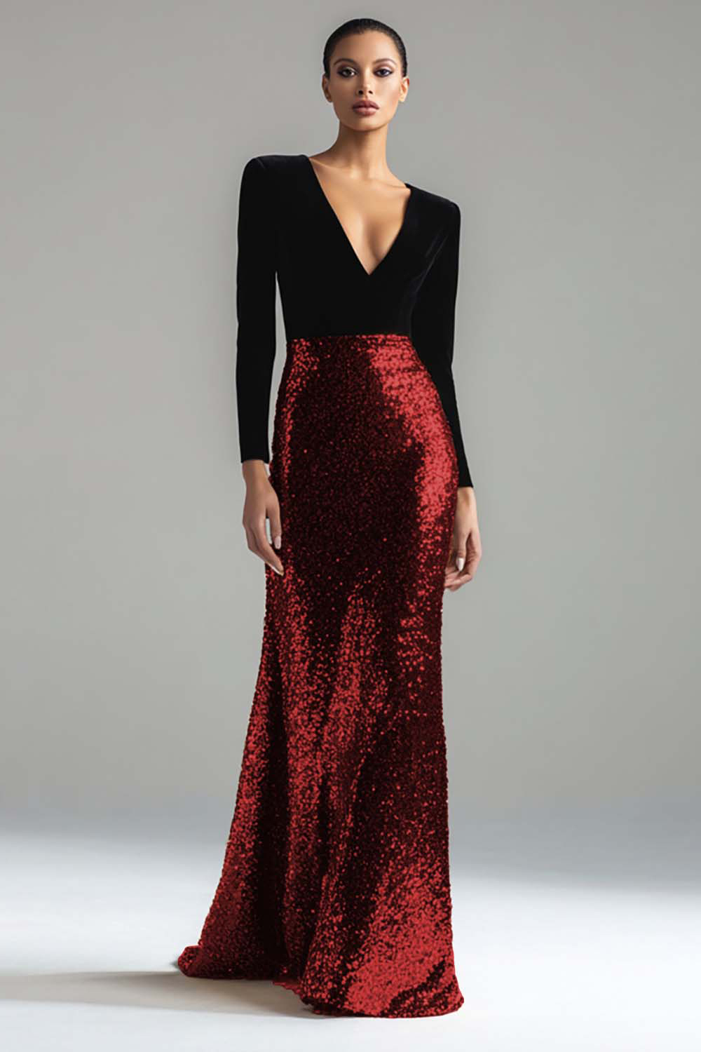 Sparkly Gold and Black Velvet V-Neck Maxi Holiday Party Dress with Sequins