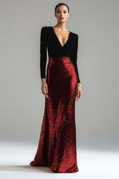 Sparkly Gold and Black Velvet V-Neck Maxi Holiday Party Dress with Sequins