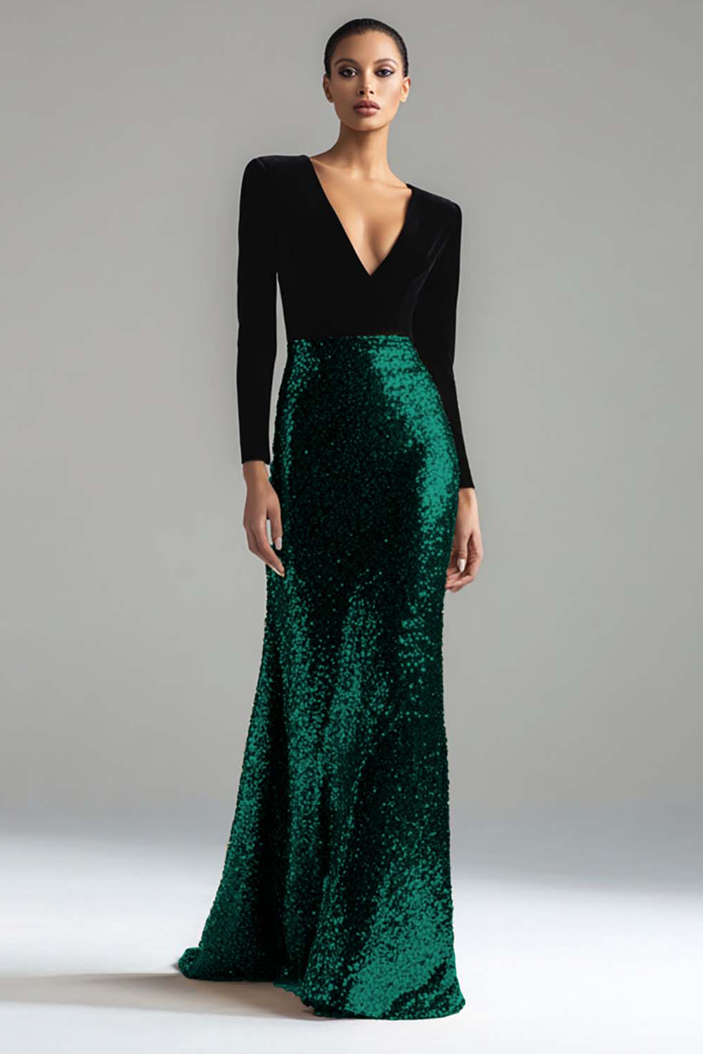 Sparkly Gold and Black Velvet V-Neck Maxi Holiday Party Dress with Sequins