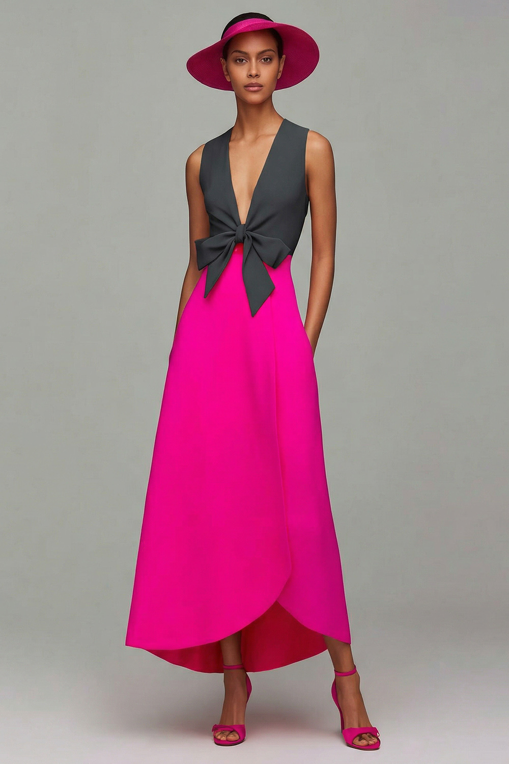 Orange and Fuchsia Deep V-Neck Maxi Formal Dress with Bow