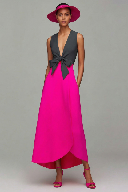Orange and Fuchsia Deep V-Neck Maxi Formal Dress with Bow