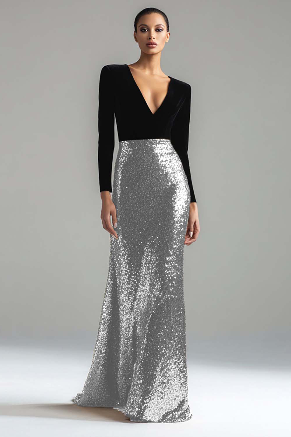 Sparkly Gold and Black Velvet V-Neck Maxi Holiday Party Dress with Sequins