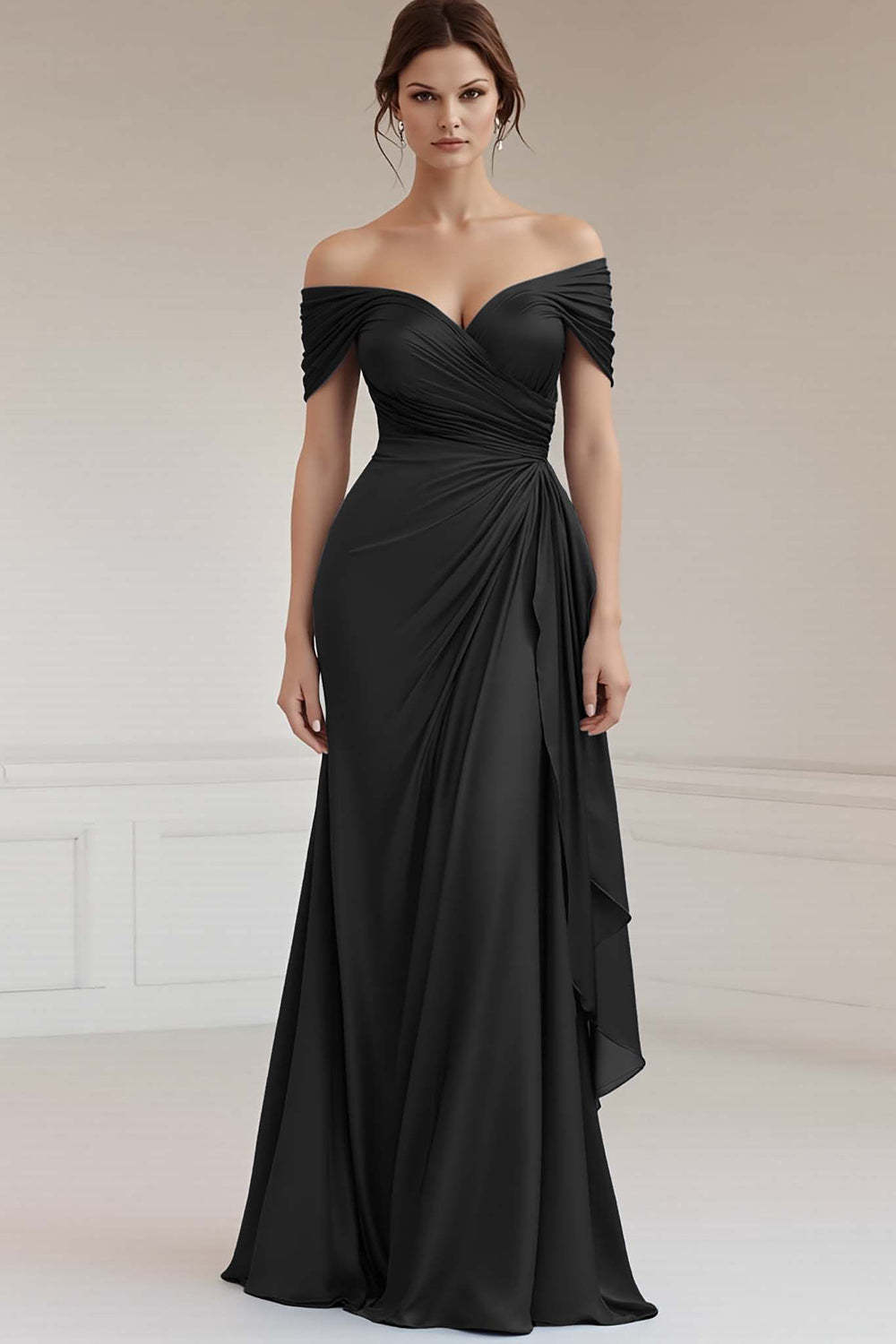 Maxi Grey Blue Off the Shoulder Sheath Ruched Satin Formal Dress