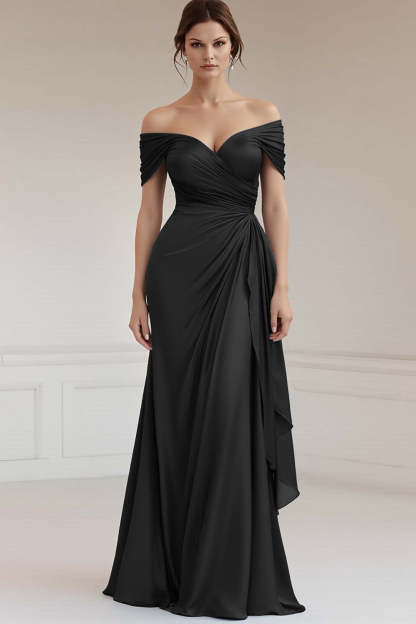 Maxi Grey Blue Off the Shoulder Sheath Ruched Satin Formal Dress