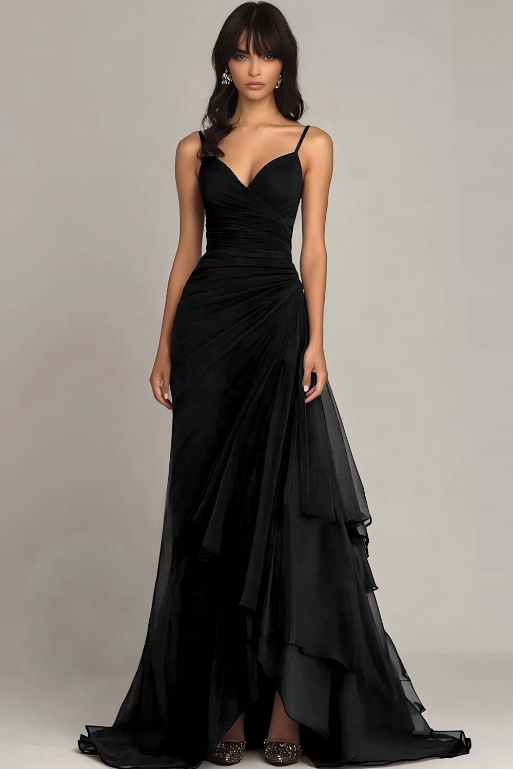 Chiffon Ruffled Dark Brown Spaghetti Straps Maxi Formal Dress