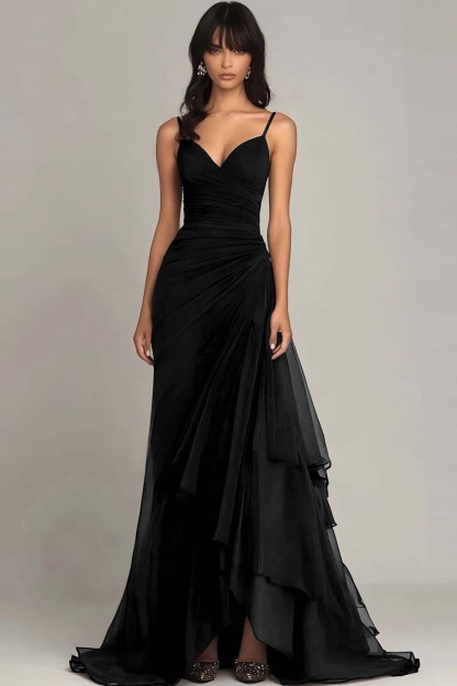 Chiffon Ruffled Dark Brown Spaghetti Straps Maxi Formal Dress