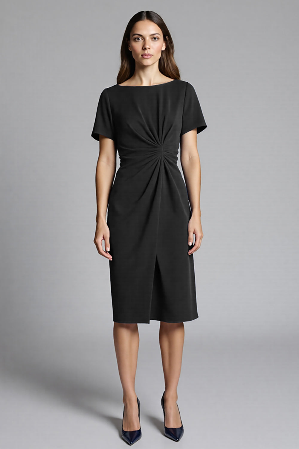 Navy Ruched Bodycon Midi Satin Work Dress