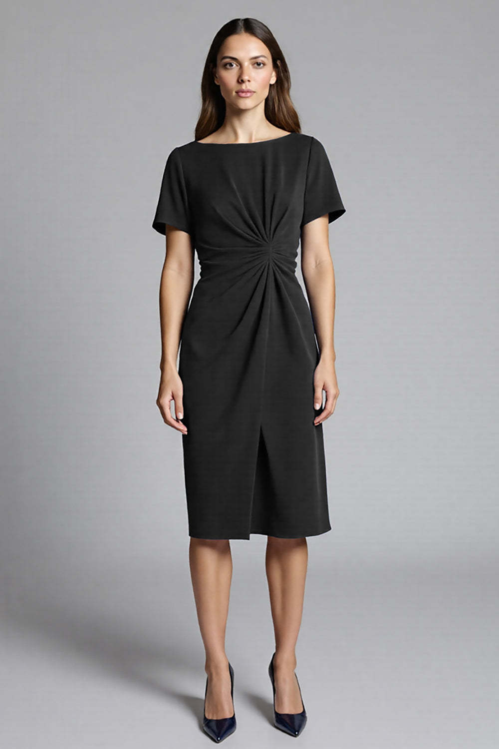 Navy Ruched Bodycon Midi Satin Work Dress